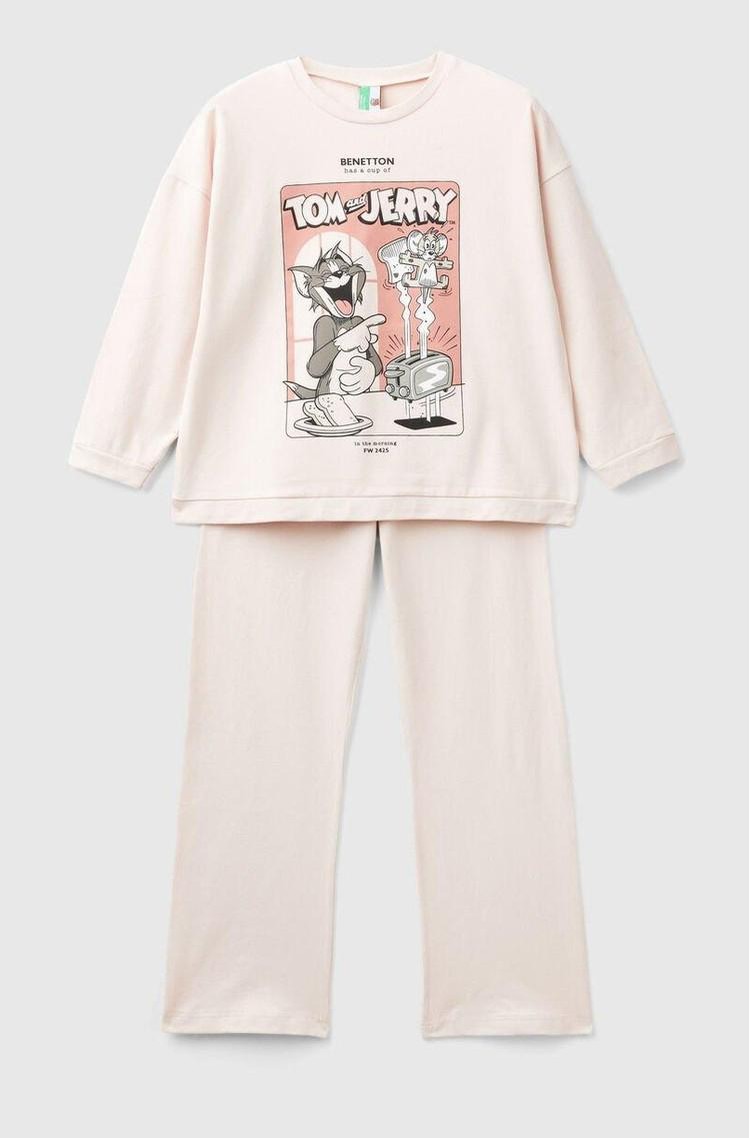BENETTON Tom &amp; Jerry bombažna pižama z dolgimi rokavi Roza - Soft Pink 