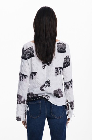 DESIGUAL Teksturirana bluza z vzorcem in pentljami Bela - White / Black 2