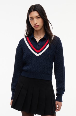 Cable Knit Cropped V-Neck Jumper