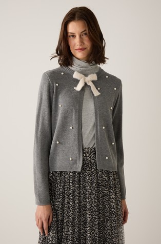 Cardigan with decorative bow and pearls