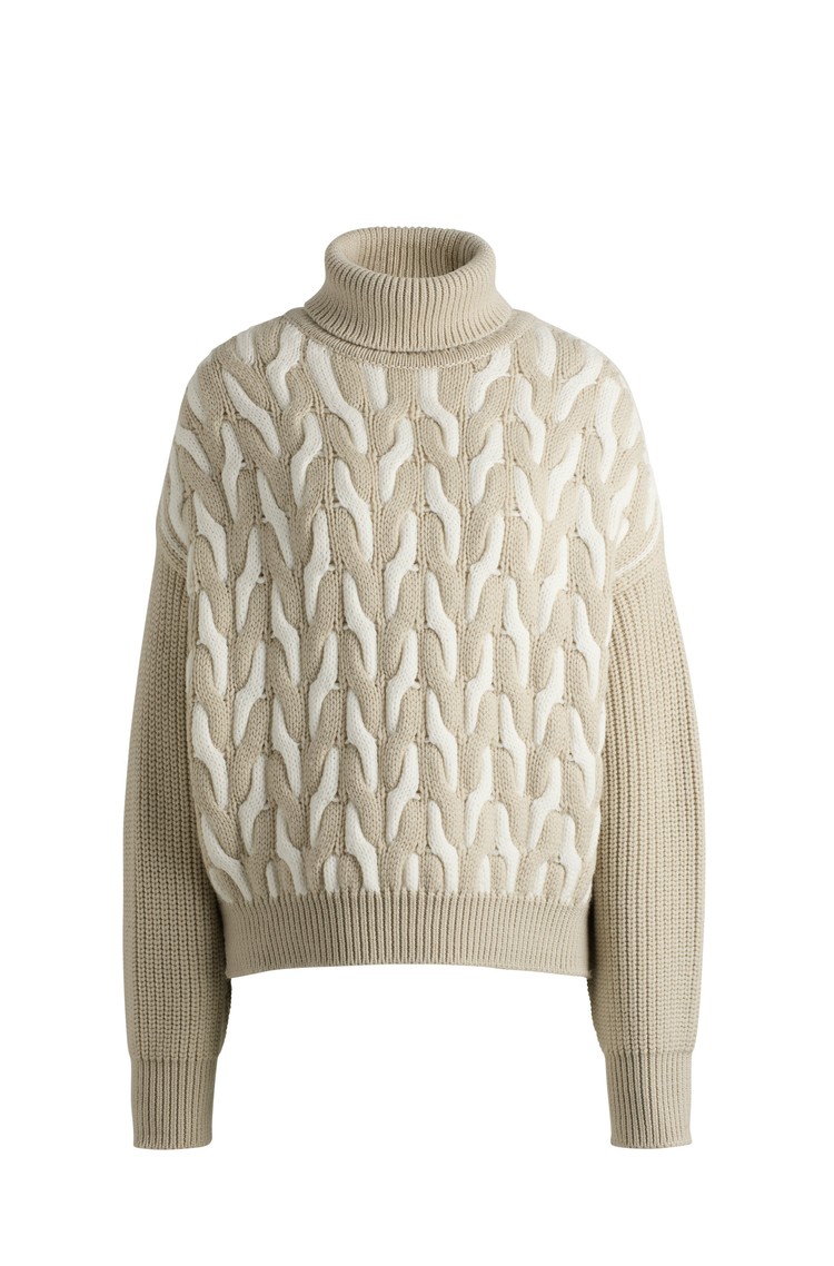 HUGO BOSS Virgin-wool sweater with two-tone cable structure Beige / White 