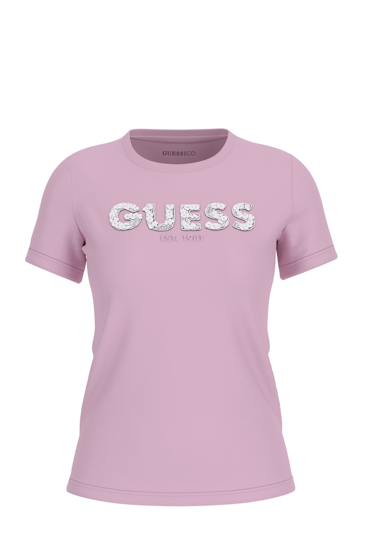 GUESS Majica z logotipom iz bleščic Roza - Pink 
