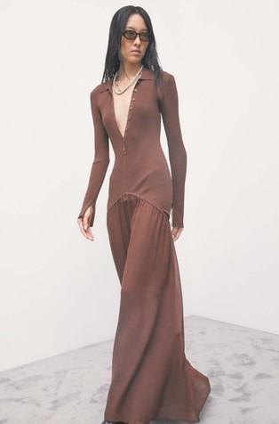 Long knit dress with fluid skirt