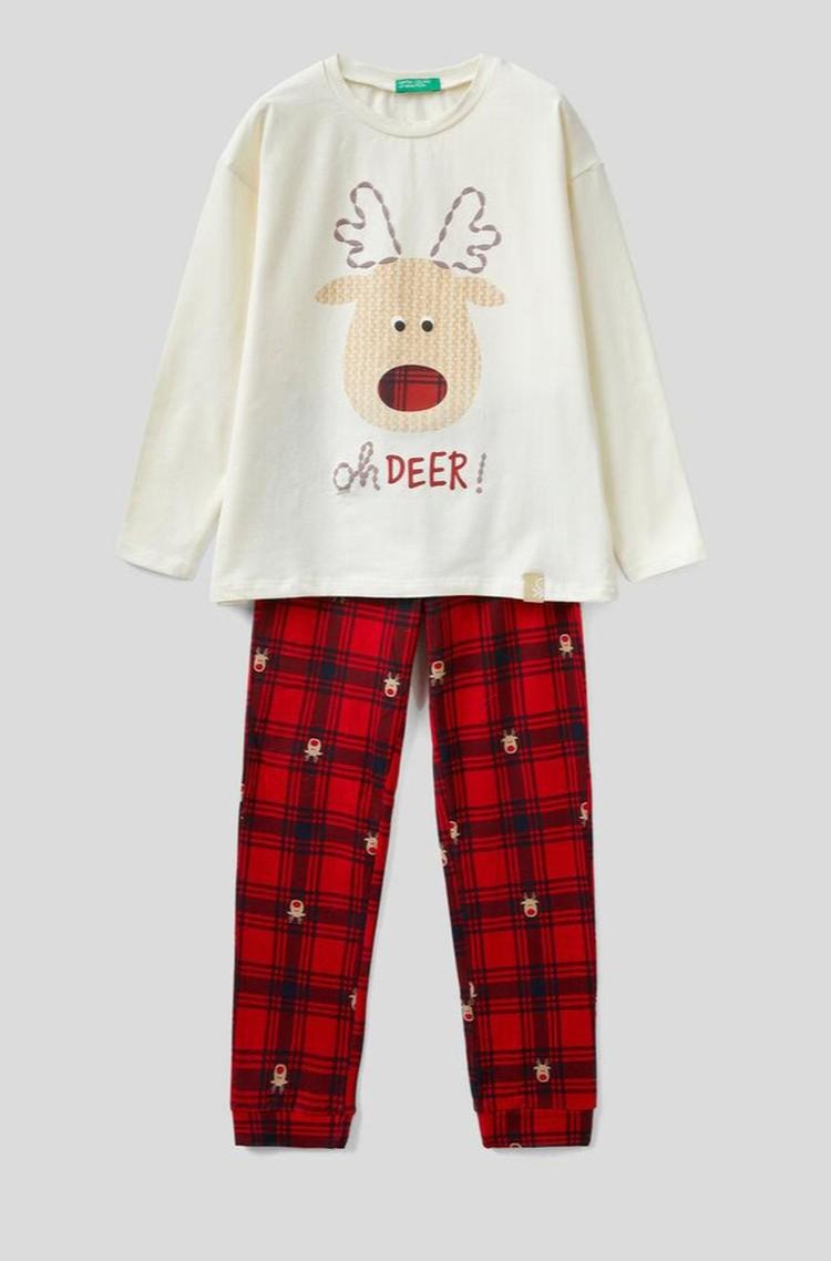 BENETTON Pižama z motivom jelena Večbarvna - Red/Beige 