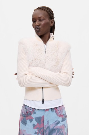 Ribbed knit cardigan with faux-fur