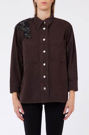 Denim 3/4 sleeved shirt jacket with rhinestones