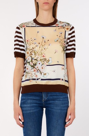 Pletena majica s satenastim vstavkom s potiskom