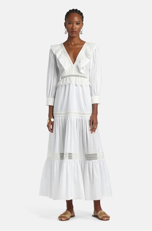 Dolga obleka z luknjičastimi vezeninami in volančki