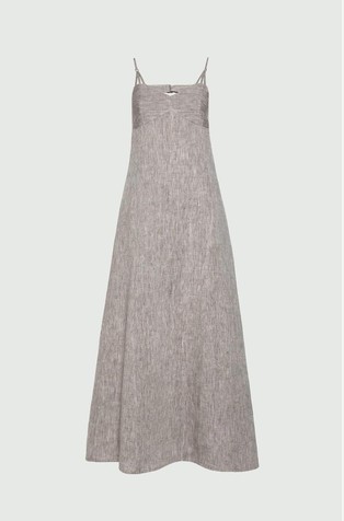 Dolga lanena obleka s tankimi naramnicami