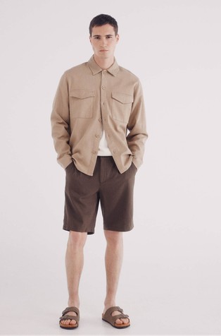SPRINGFIELD Slim fit bermuda hlače iz strukturirane mešanice z lanom Rjava - Brown 3
