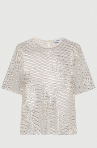 Rhinestone-adorned mesh T-shirt