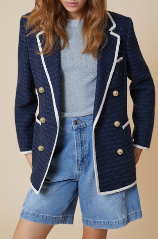 Basketweave double-breasted fabric blazer