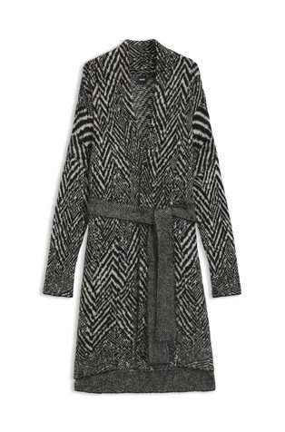 Longline belted cardigan in a patterned textured-wool blend