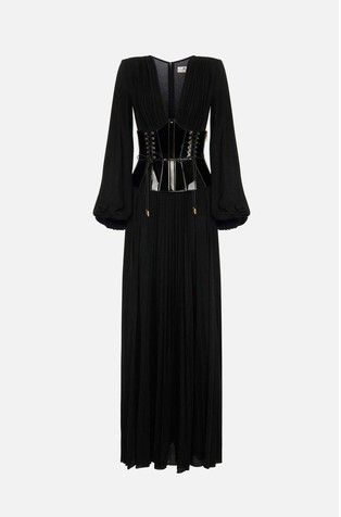 Red Carpet dress in lamé-effect jersey with bustier