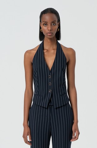 Gilet in pinstriped fabric with open back