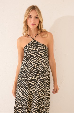 WOMEN'SECRET Dolga obleka z živalskim vzorcem Večbarvna - Black / Beige 4