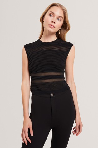 Pletena majica brez rokavov s prosojnimi vstavki