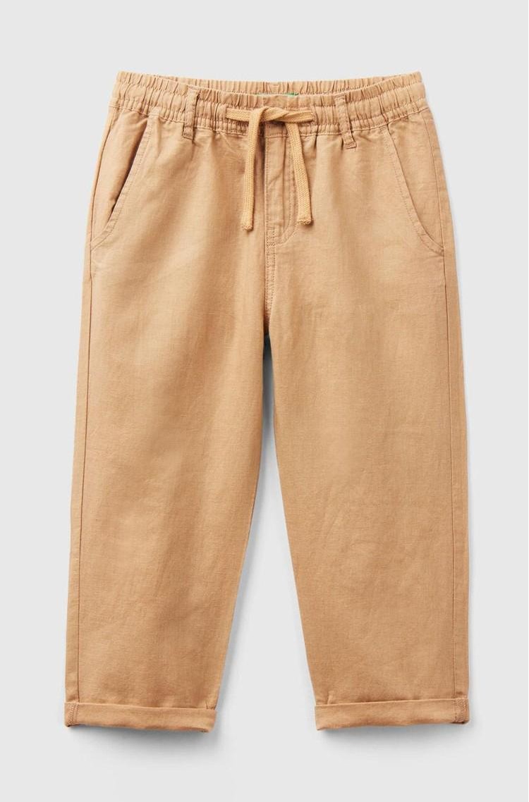 BENETTON Hlače z zatezno vrvico iz lanene mešanice Bež - Camel 