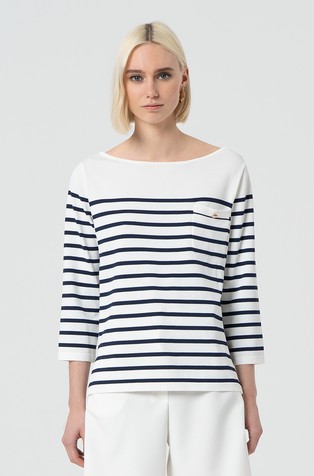 Striped boat neckline sweater