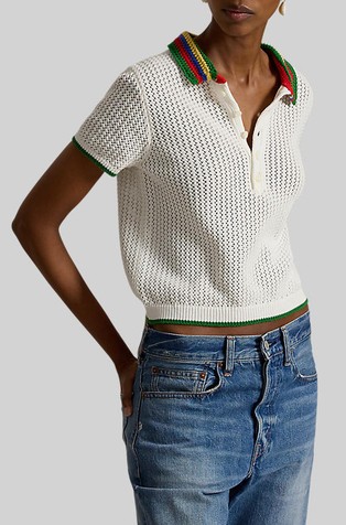 Striped-collar Pointelle Polo Shirt