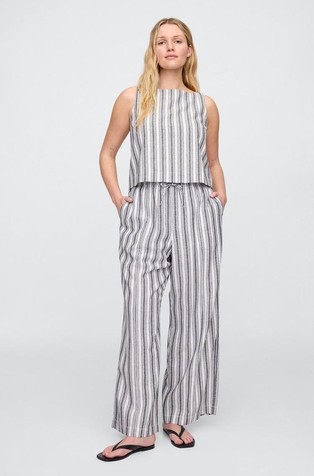 GAP Mid Rise Linen-Blend Pull-On Wide-Leg Pants Blue White Stripe 5