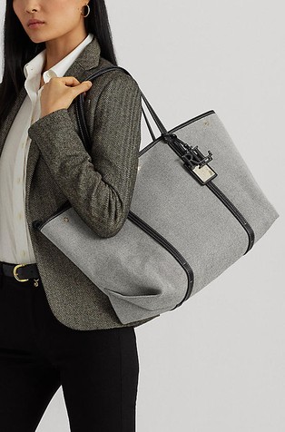 RALPH LAUREN Emerie večja platnena torba z usnjenimi obrobami Siva - Gray 6