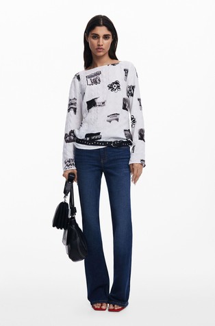 DESIGUAL Teksturirana bluza z vzorcem in pentljami Bela - White / Black 6