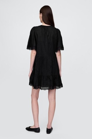 GAP Ženska mini obleka s plapolajočimi rokavi in vezeninami Črna - True Black 2