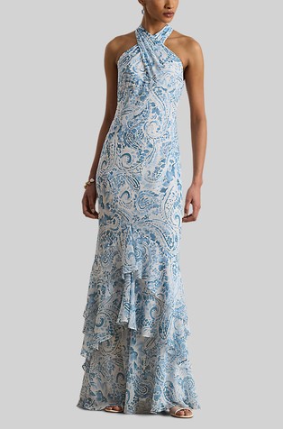 Paisley Crinkle Georgette Halter Gown