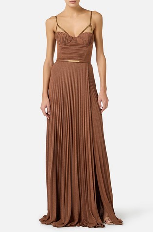 Dolga obleka iz svetleče jersey tkanine s pasom