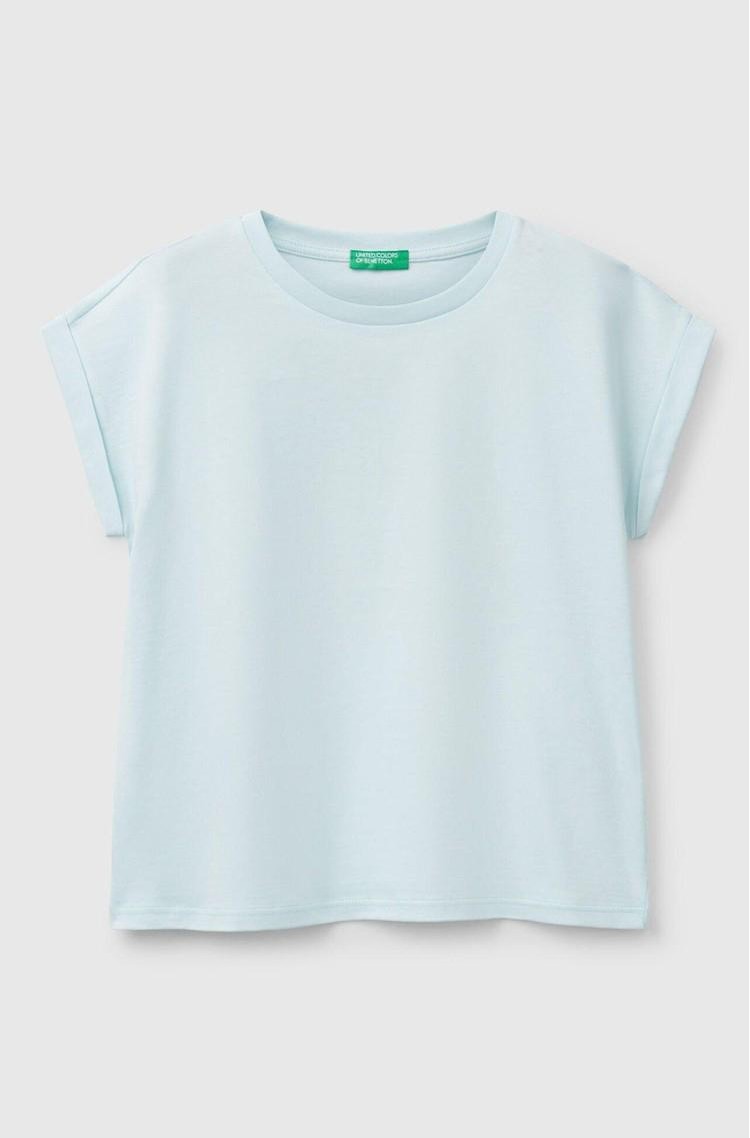 BENETTON Boxy fit majica z bleščečim potiskom Modra - Aqua 