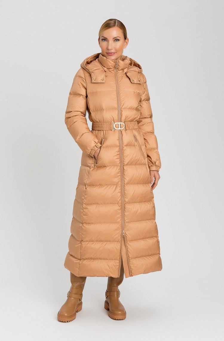 TWINSET Long down jacket with Oval T belt Bubbly 
