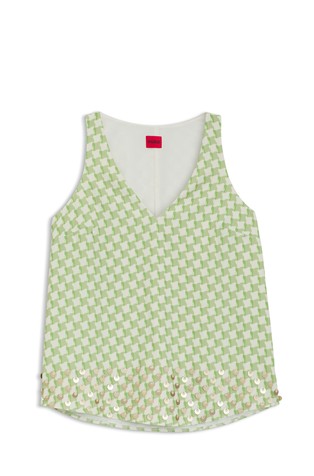 Geometric-print sleeveless top with sequins