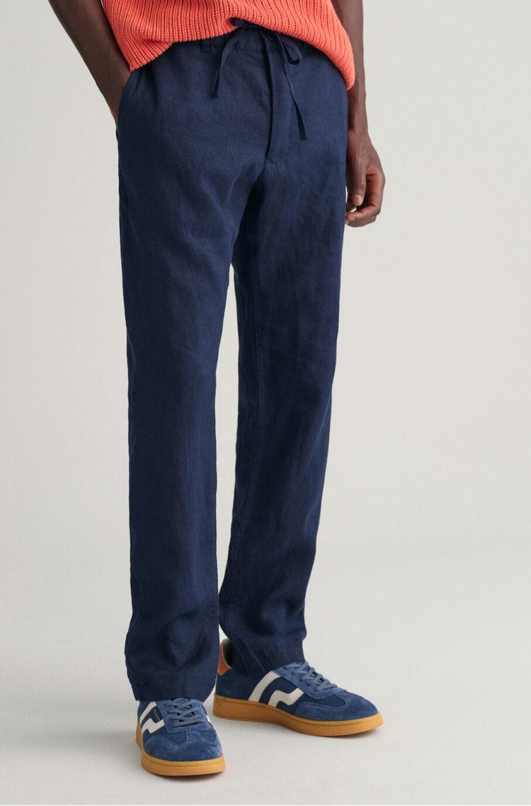 GANT Relaxed fit lanene hlače z zatezno vrvico Modra - Dark Blue 