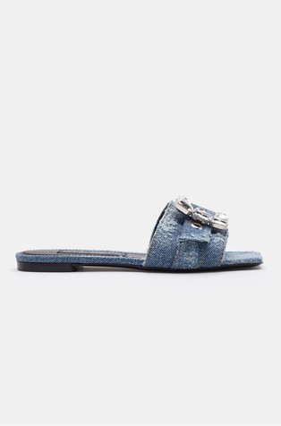 Patchwork denim slides with rhinestone buckle