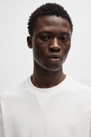 HUGO BOSS Bombažna majica s kratkimi rokavi in vafelj teksturo Bela - White 3