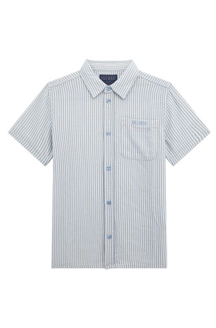 GUESS Črtasta srajca s kratkimi rokavi iz viskoze in lana Modra - Light Blue / White 3