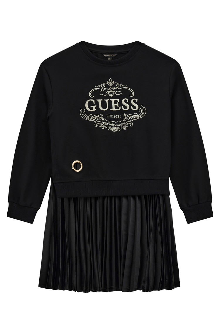 GUESS Obleka iz kombinacije tkanin s plisiranim krilom Črna - Black 