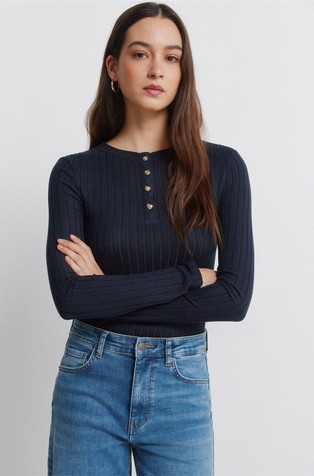 Rebrasta majica z dolgimi rokavi in gumbi