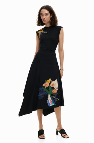 Asimetrična obleka s potiskom cvetov