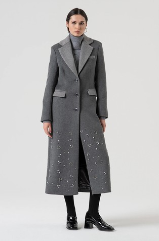 Dolg plašč iz volnene mešanice z okrasnimi kamenčki