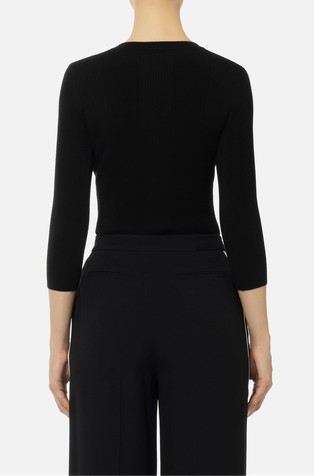 ELISABETTA FRANCHI Rebrasto pleten pulover z V-izrezom in logo vezenino Črna - Black 2