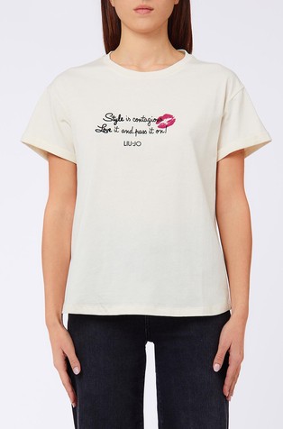 T-shirt with rhinestoned lettering