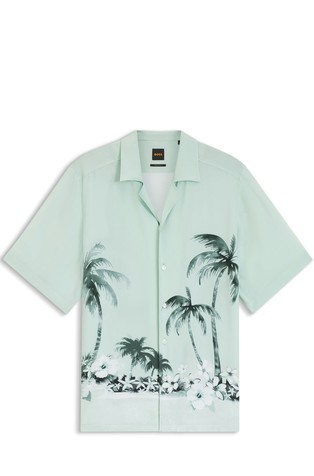 Viscose short-sleeved shirt with maxi palm print