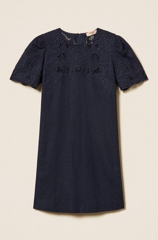 Short linen blend dress with embroidery