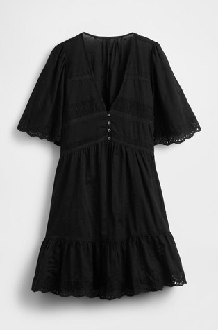 GAP Ženska mini obleka s plapolajočimi rokavi in vezeninami Črna - True Black 4