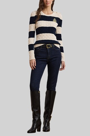 RALPH LAUREN Pleten črtast pulover z dekorativnimi gumbi Bež - Mascarpone Cream/Lauren Navy 4