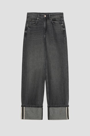 Ravne jeans hlače s širokim zavihkom na hlačnicah
