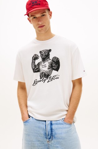 Relaxed fit bombažna majica s kratkimi rokavi in potiskom