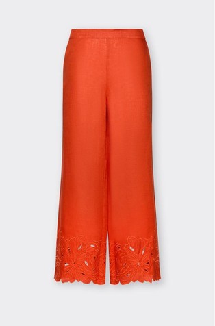 Lanene hlače s širokimi hlačnicami in vezeninami